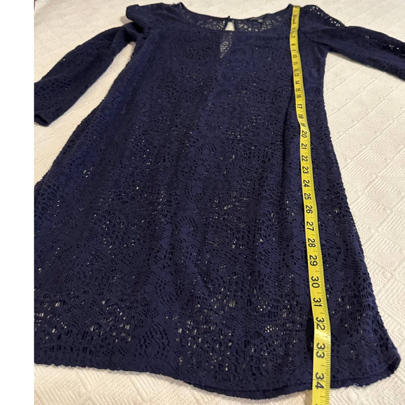 Navy Blue Crochet Lace Bell Sleeve Mini‎ Dress Swim Cover Up Small/Petite - Picture 8 of 8